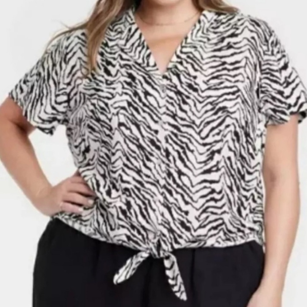 Ava & Viv Women’s Button Front 2X Shirt Oversized Linen Blend Animal Print